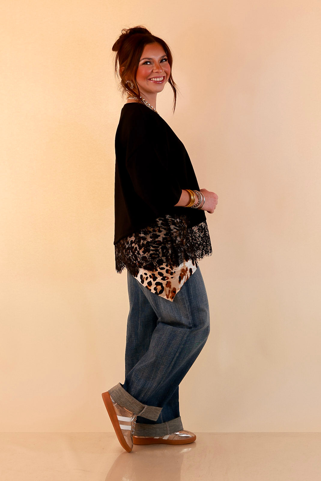 Laced with Charm Oversized Asymmetrical Lace Trim Boxy Top in Black