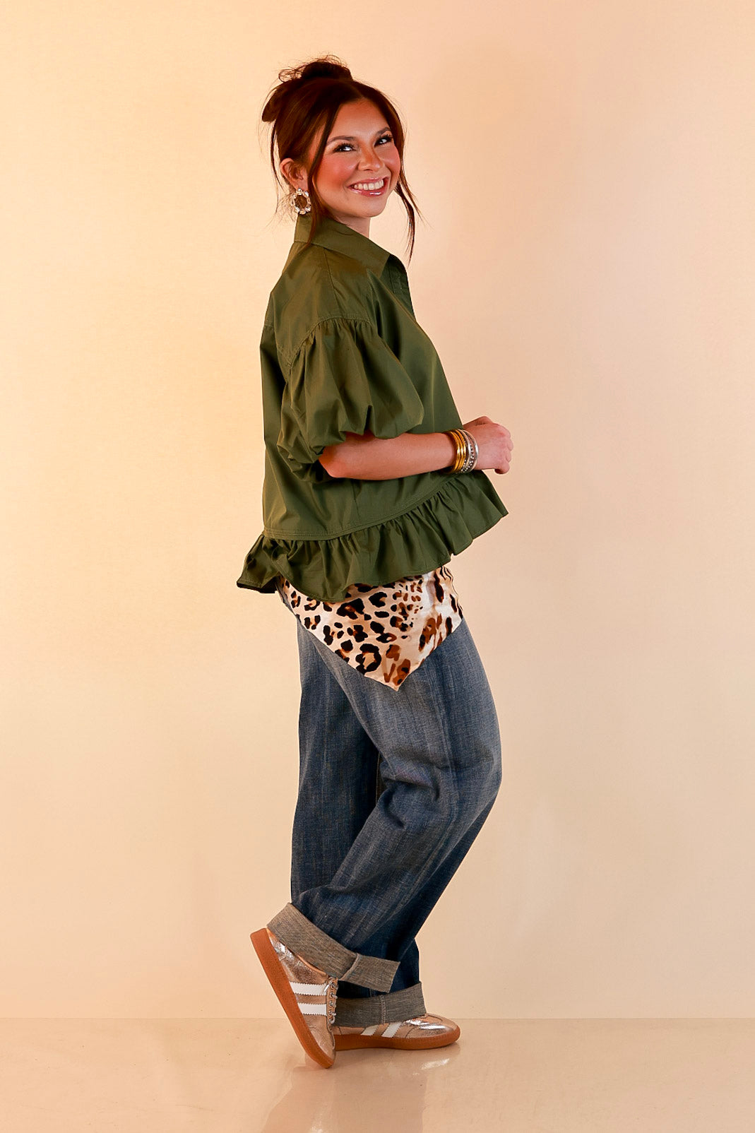 Style in Session Solid Button Down Peplum Bubble Sleeve Top in Olive Green
