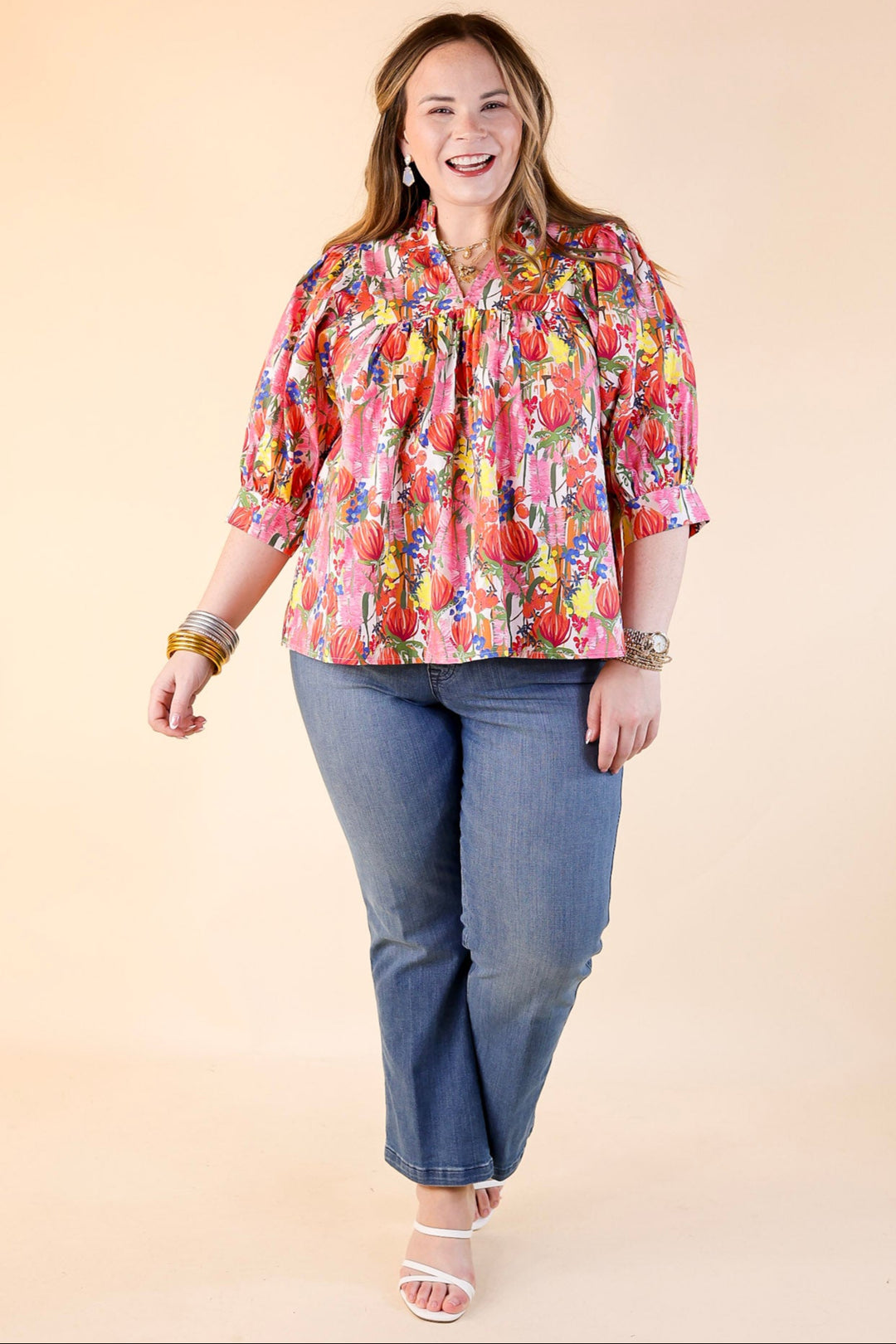 Blissful Bloom Floral Print Top with Puff Sleeves in Pink Mix