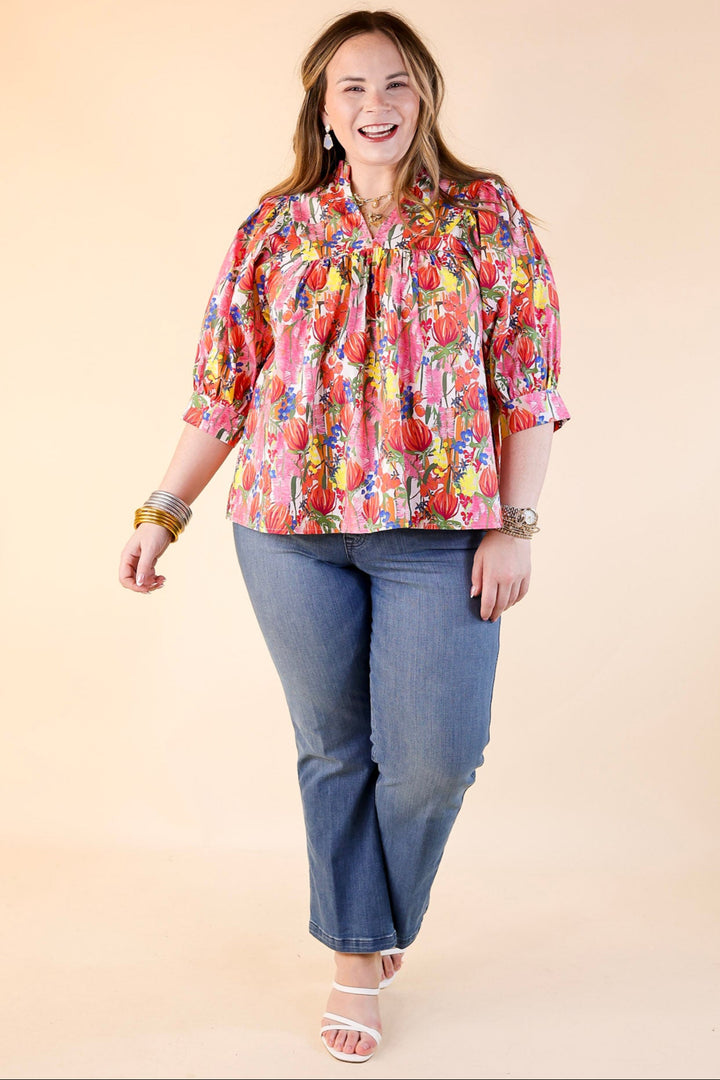 Blissful Bloom Floral Print Top with Puff Sleeves in Pink Mix