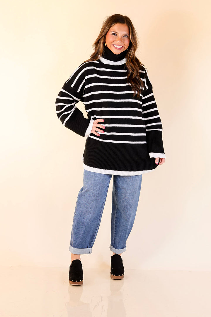 Mud Pie | Dunn Turtleneck Sweater with White Stripes in Black