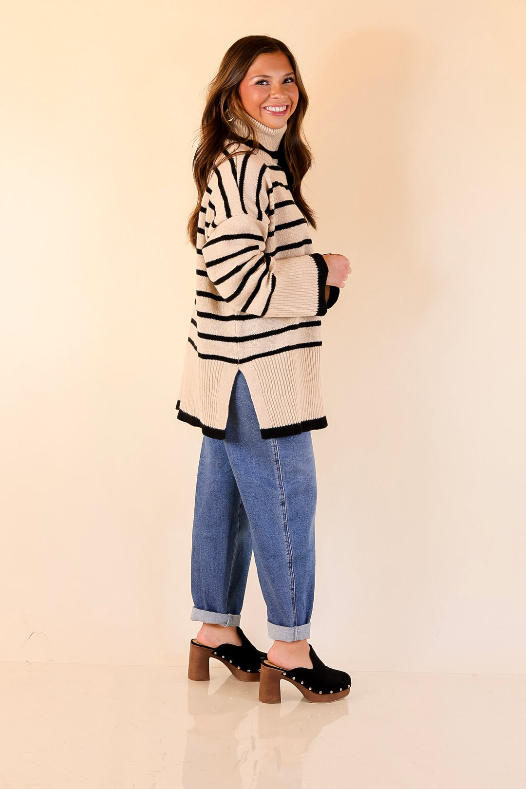 Mud Pie | Dunn Turtleneck Sweater with Black Stripes in Tan