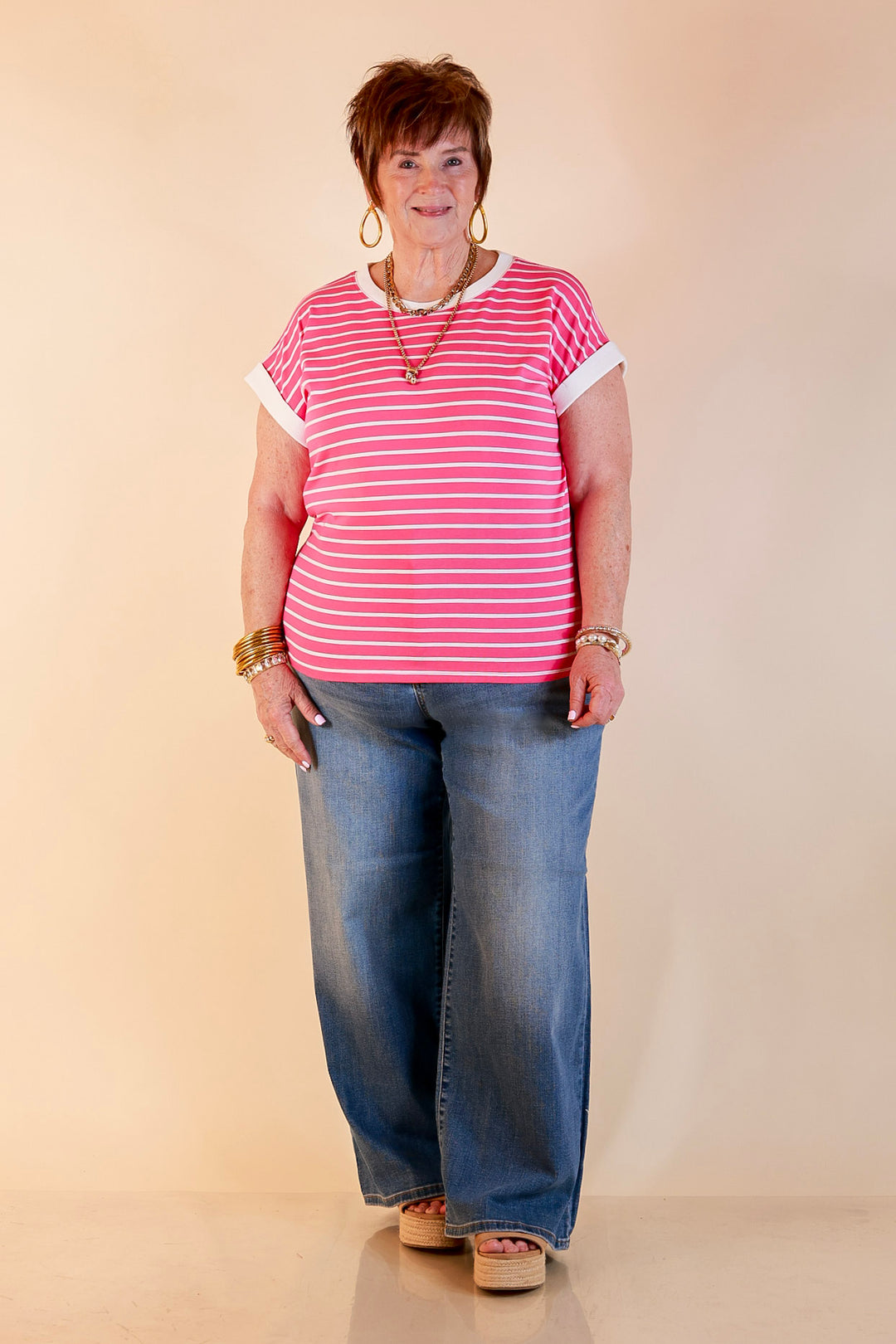 Right on Repeat Scoop Neck Cap Sleeve with Contrast Trim Striped Tee Top in Fuchsia Pink