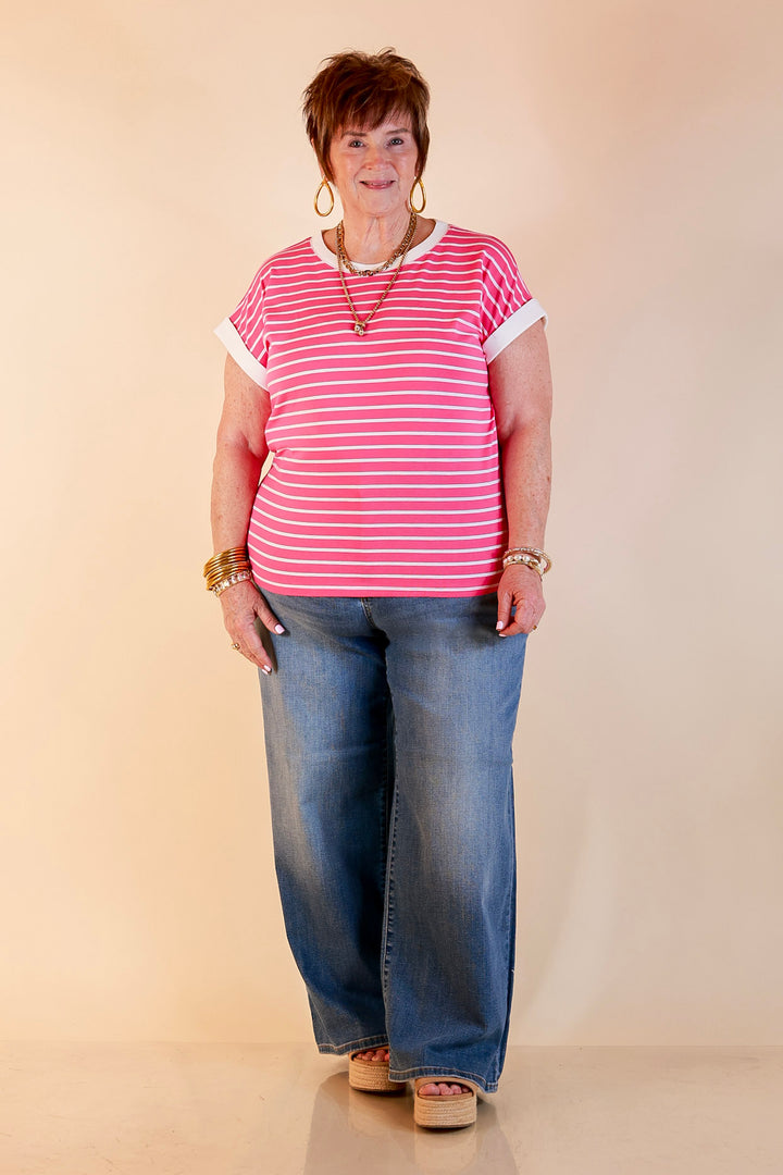 Right on Repeat Scoop Neck Cap Sleeve with Contrast Trim Striped Tee Top in Fuchsia Pink