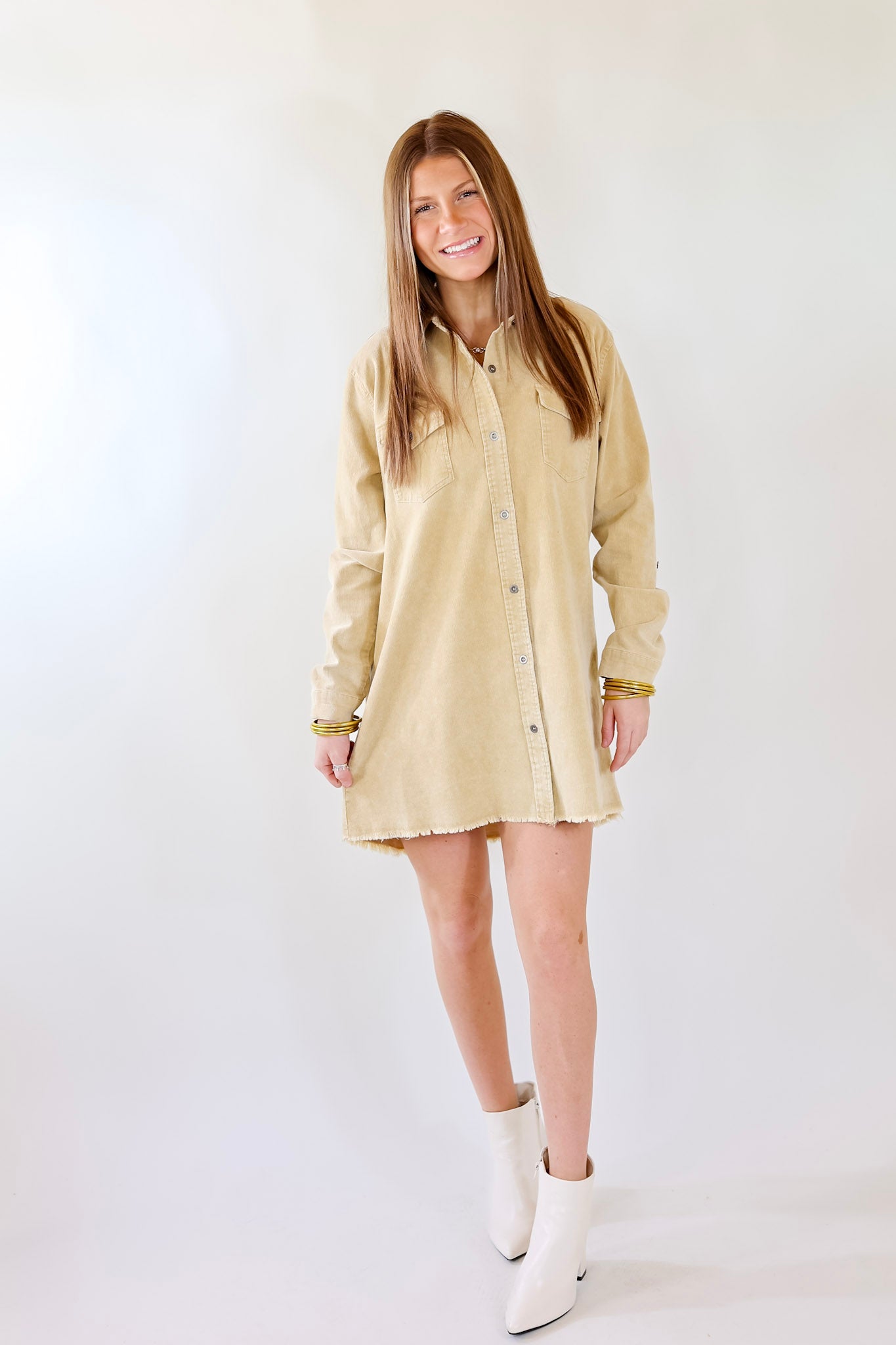 Patio Date Button Up Long Sleeve Corduroy Dress in Tan - Giddy Up Glamour Boutique