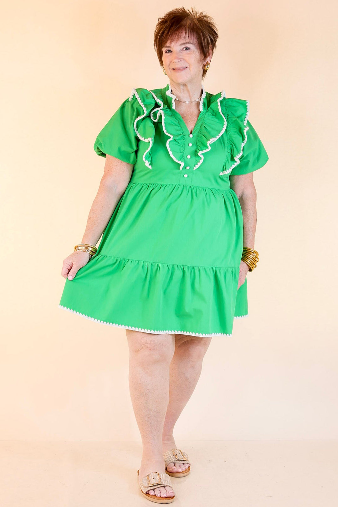 Frill Seeker A-Line Dress with Crochet Trim and Ruffle Detail in Green