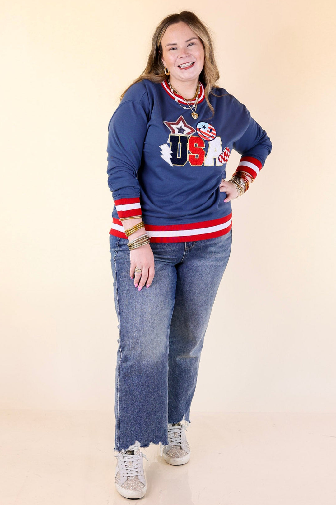 Simply Southern | Shining in the USA Crew Neck Patch Graphic Sweatshirt in Navy Blue