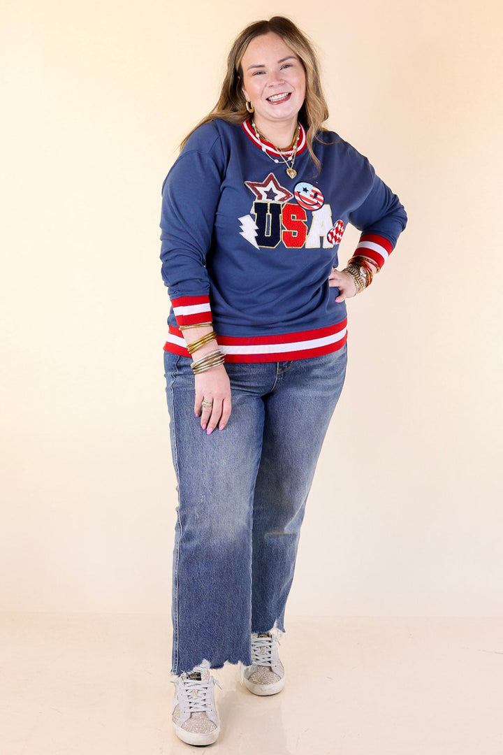 Simply Southern | Shining in the USA Crew Neck Patch Graphic Sweatshirt in Navy Blue