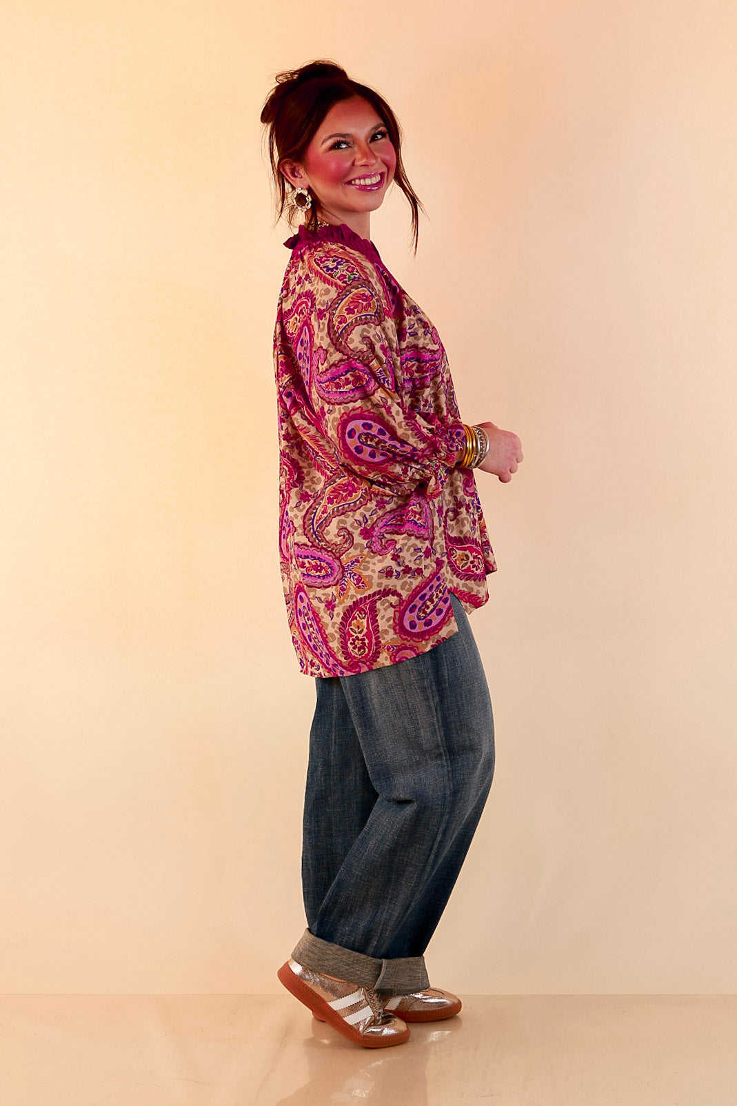 Caught My Eye Ruffle Contrast Stripe Detail Neck Balloon Sleeve Paisley Print Blouse in Fuchsia Pink Multi
