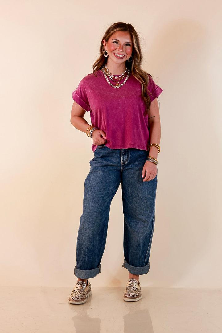 Easy Chic Mineral Washed Short Sleeve Cropped Tee in Plum Purple