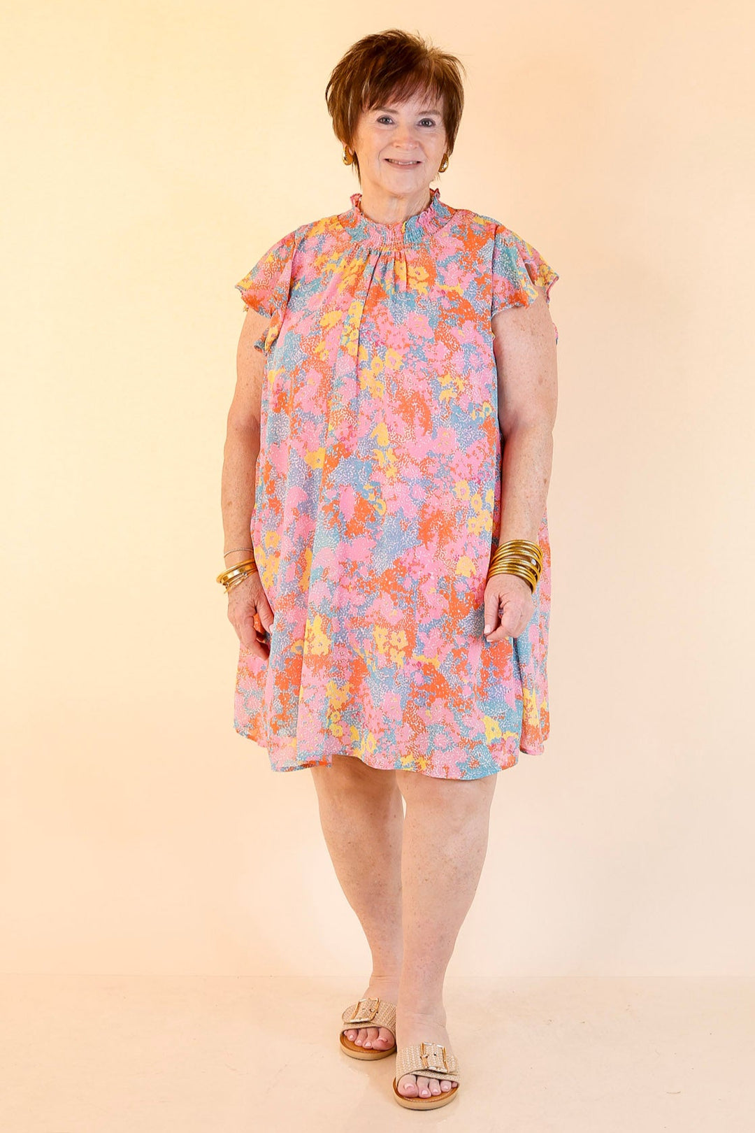 Out On The Town Ruffle Sleeve Floral Dress in Light Pink