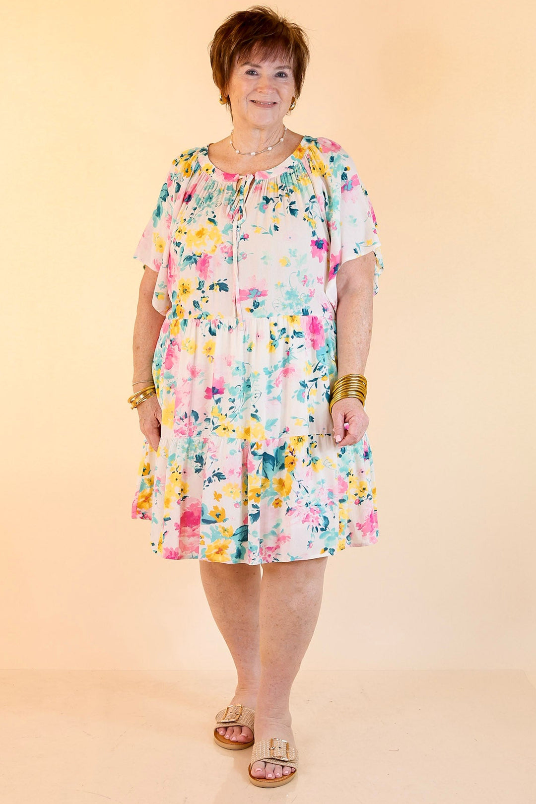 Piece Of Paradise Tiered Floral Dress with Keyhole in Ivory