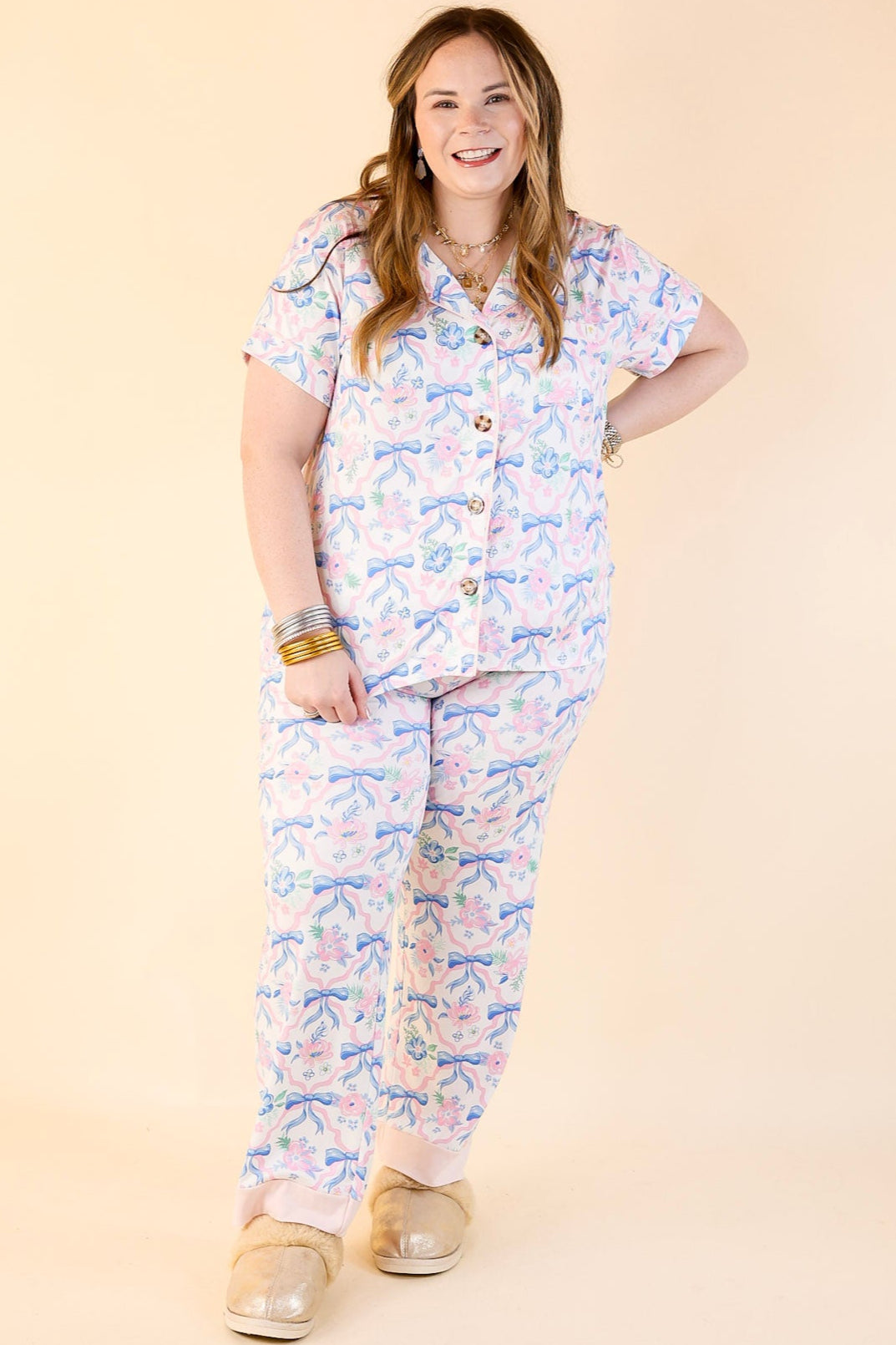 Simply Southern | Snooze in Style Ribbon Print Button Up Pajama Top in Off White