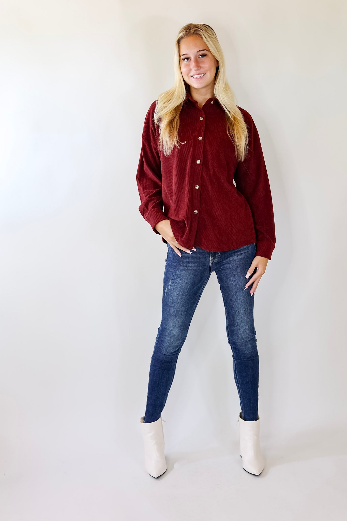 Captivating Cuteness Corduroy Button Up Shacket in Maroon - Giddy Up Glamour Boutique