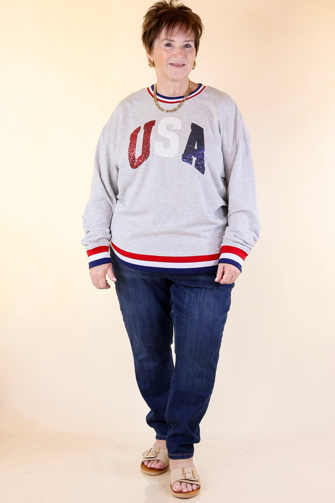 Simply Southern | All-American Sparkle USA Crew Neck Graphic Sweatshirt in Gray