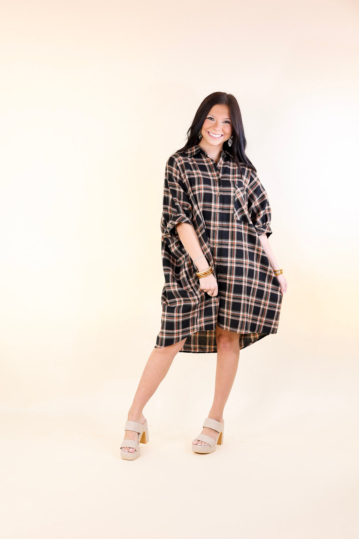 Cozy And Kind Button Up Plaid Dress in Black