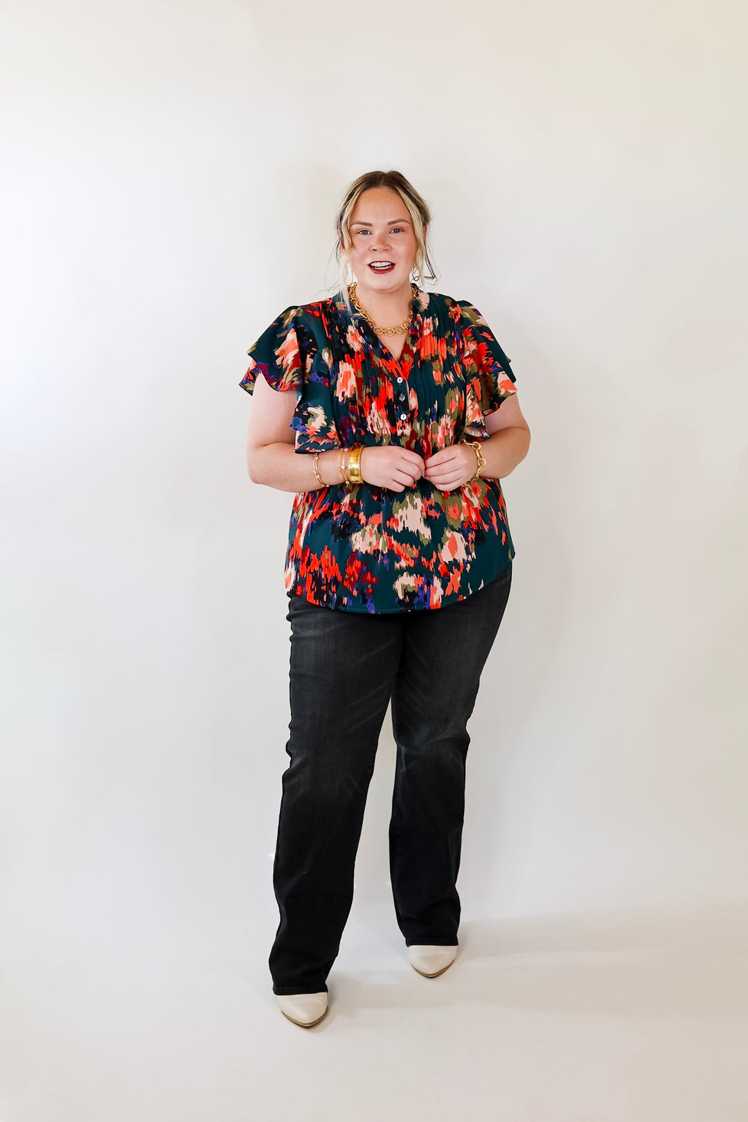 Endless Charisma Short Sleeve Blouse in Dark Teal Green - Giddy Up Glamour Boutique