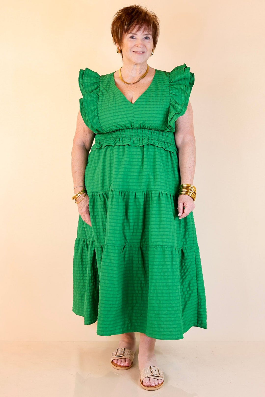 Tiered Maxi Dress with Smocked Waist and Ruffle Cap Sleeves in Green Giddy Up Glamour Boutique Tiered Maxi Dress with Smocked Waist and Ruffle Cap Sleeves in Green Giddy Up Glamour Boutique