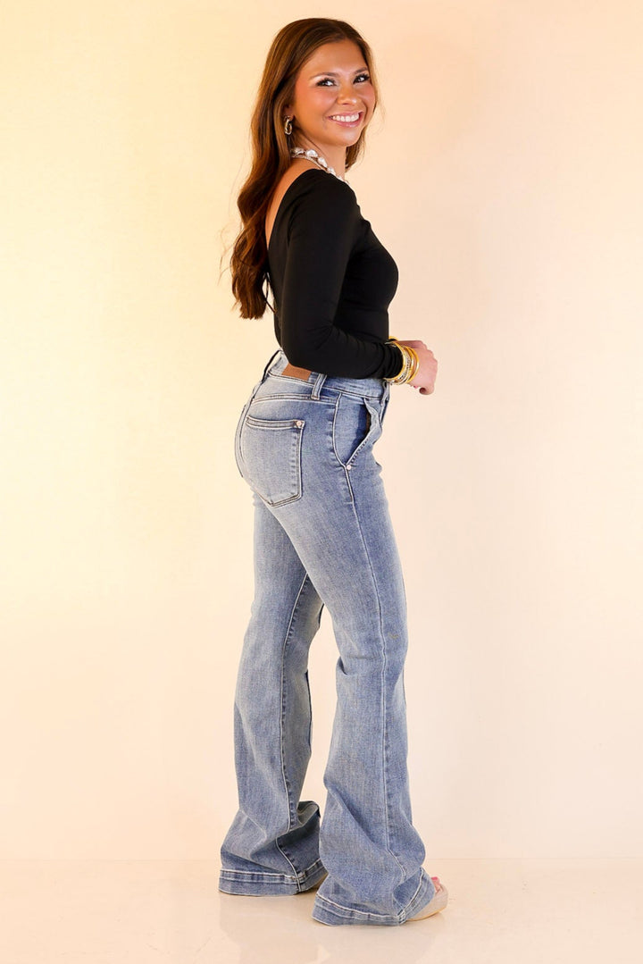 Judy Blue | Double Take Denim Trouser Flare Jeans with Seam Detailing in Medium Wash