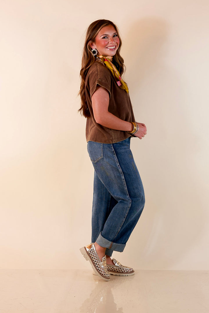 Easy Chic Mineral Washed Short Sleeve Cropped Tee in Chocolate Brown