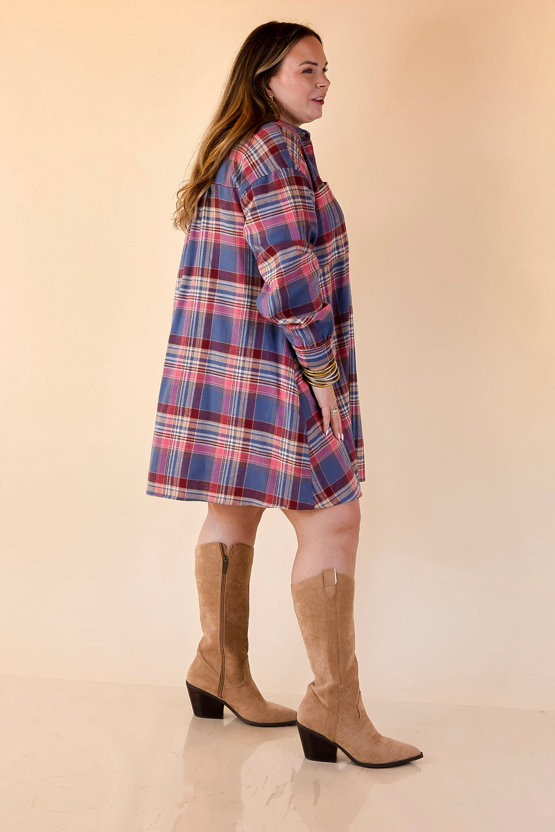 Vibrant Lifestyle Plaid Button Up Dress in Dusty Blue and Pink