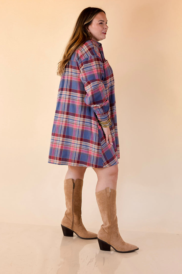 Vibrant Lifestyle Plaid Button Up Dress in Dusty Blue and Pink