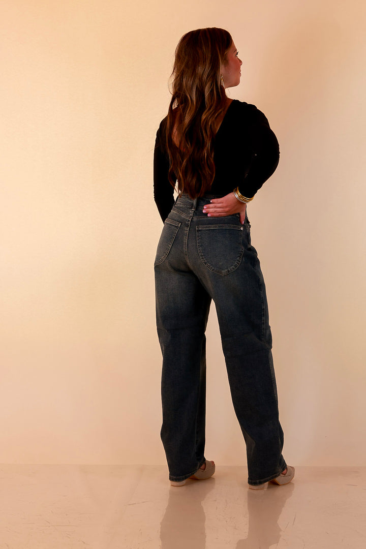 Judy Blue | Never Miss Marlow Arc Relaxed Wide Leg Barrel Jeans with Hollywood Waistband and Double Buttons in Vintage Dark Wash