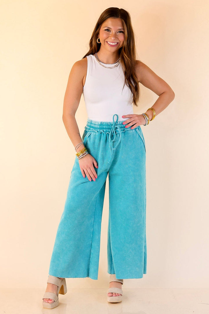 Cozy Girl Cropped Acid Washed Drawstring Pant in Turquoise Blue