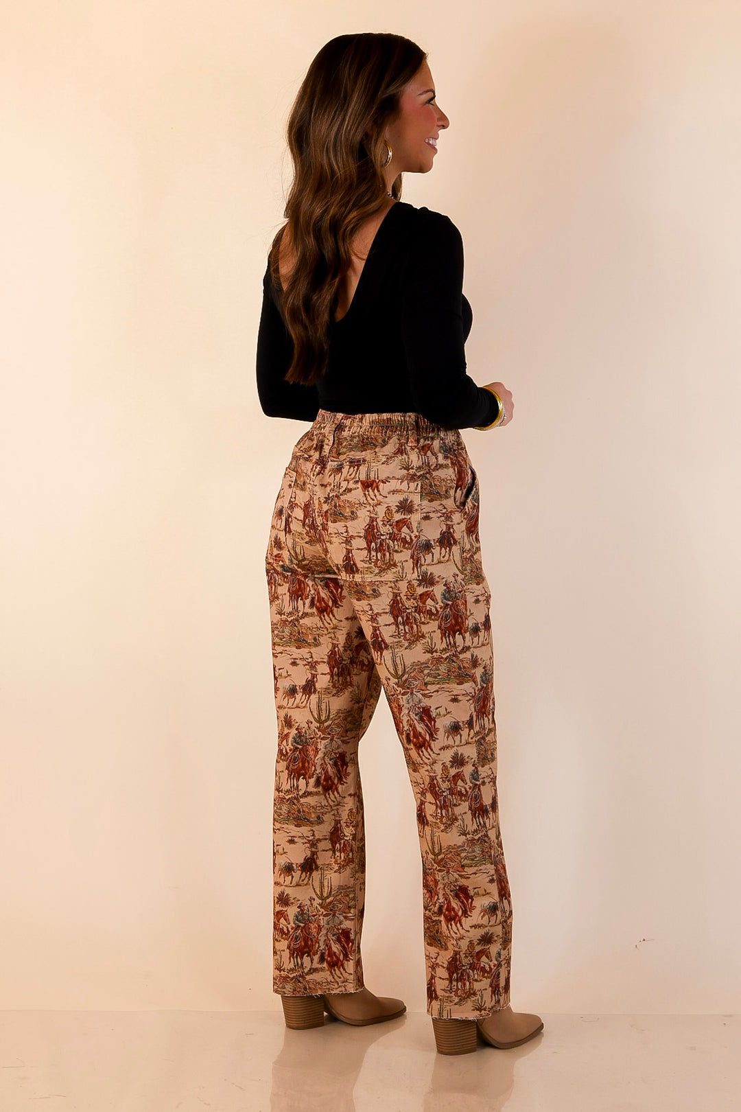Story of the West Straight Leg Raw Hem Western Print Pants in Taupe Brown