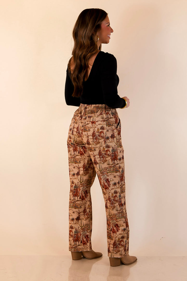 Story of the West Straight Leg Raw Hem Western Print Pants in Taupe Brown