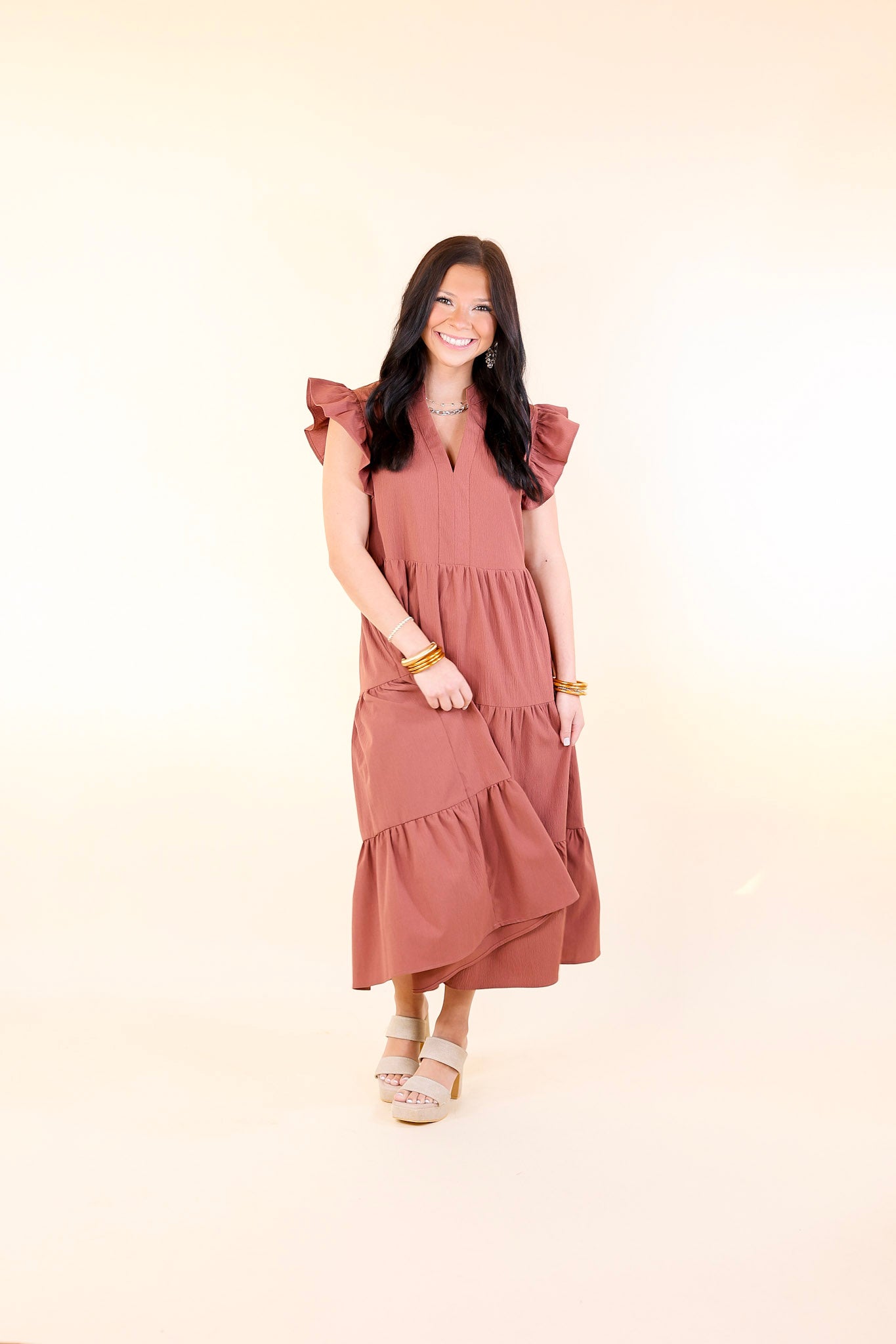 Magnolia Morning Ruffle Cap Sleeve Tiered Midi Dress in Cinnamon (Rust/Clay/Brown)