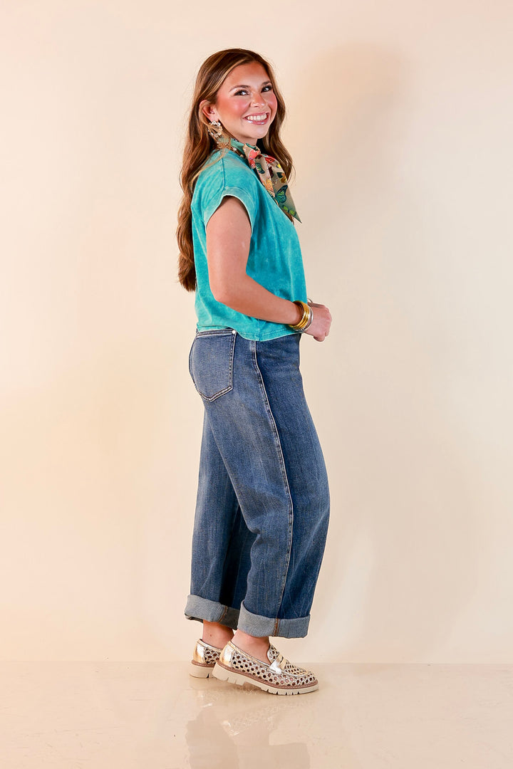 Easy Chic Mineral Washed Short Sleeve Cropped Tee in Teal Blue