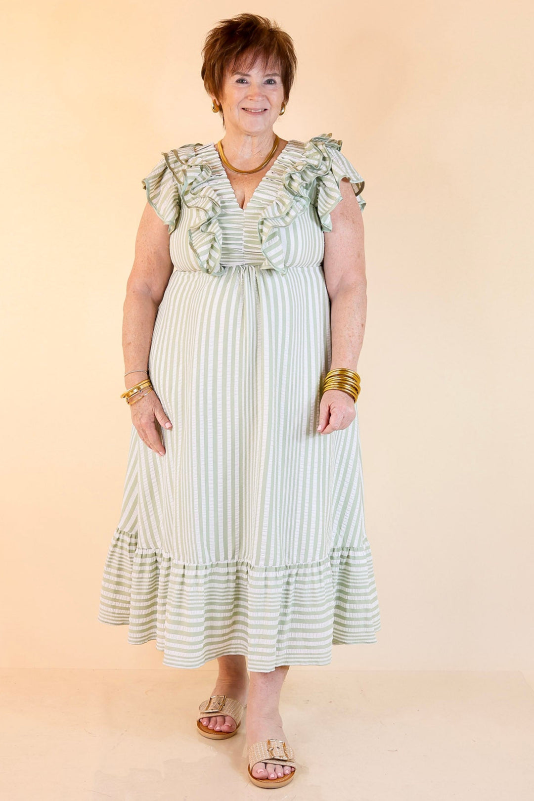 Oh So Sweet V-Neck Striped Maxi Dress in Sage Green