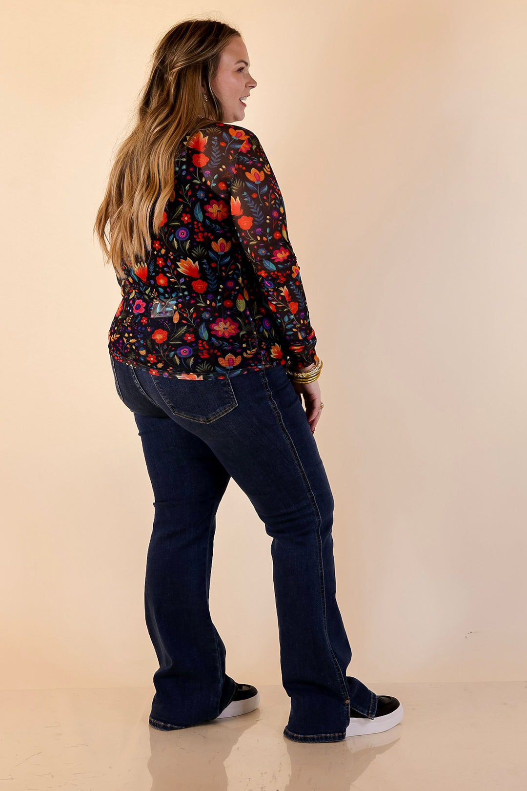The Perfect Layer Colorful Floral Fiesta Print Mesh Long Sleeve Top in Black