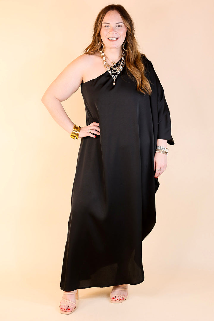 Sweet Romance One Shoulder Satin Drape Midi Dress in Black