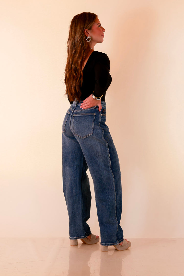 Judy Blue | Everyday Favorite Rigid Magic Marlow Arc Relaxed Wide Leg Barrel Jeans in Dark Weathered Indigo Wash