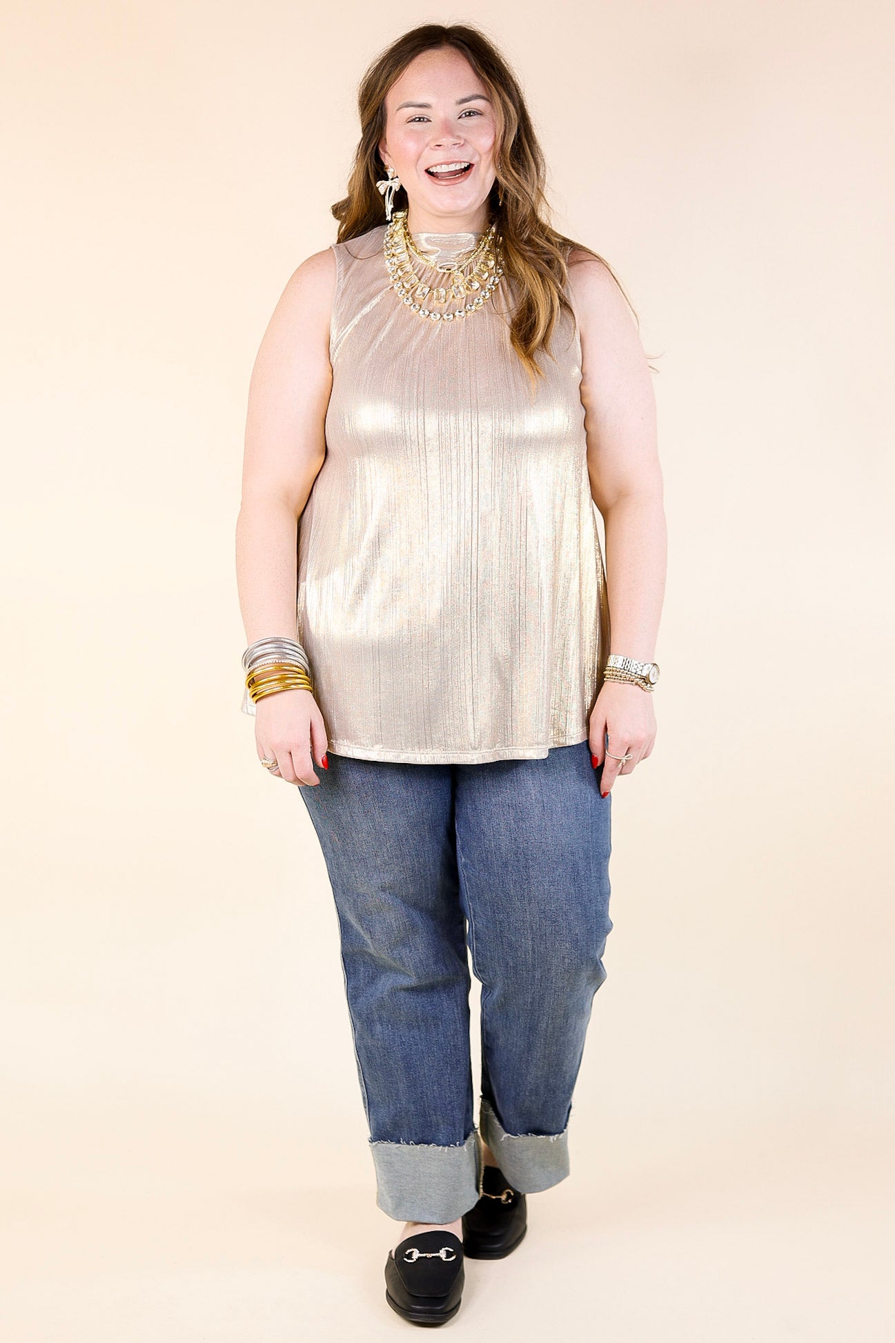 Extra Magic Mock Neck Metallic Tank Top with Tie Back in Gold