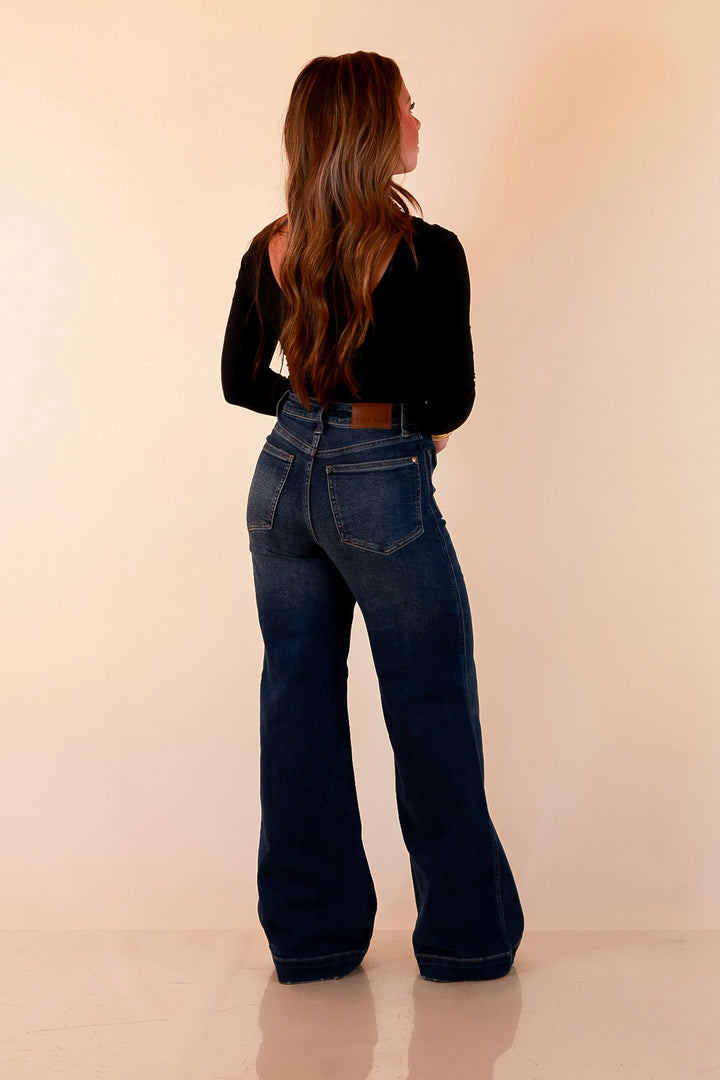 Judy Blue | Classic Companion Luxe Retro Wide Leg Jeans with Front Patch Pockets in Dark Indigo Wash