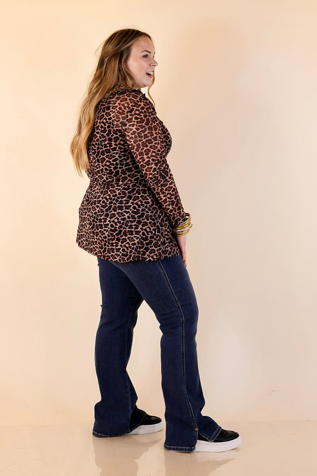 Pretty and Poised Mesh Top with Ruffle Peter Pan Collar in Leopard Print