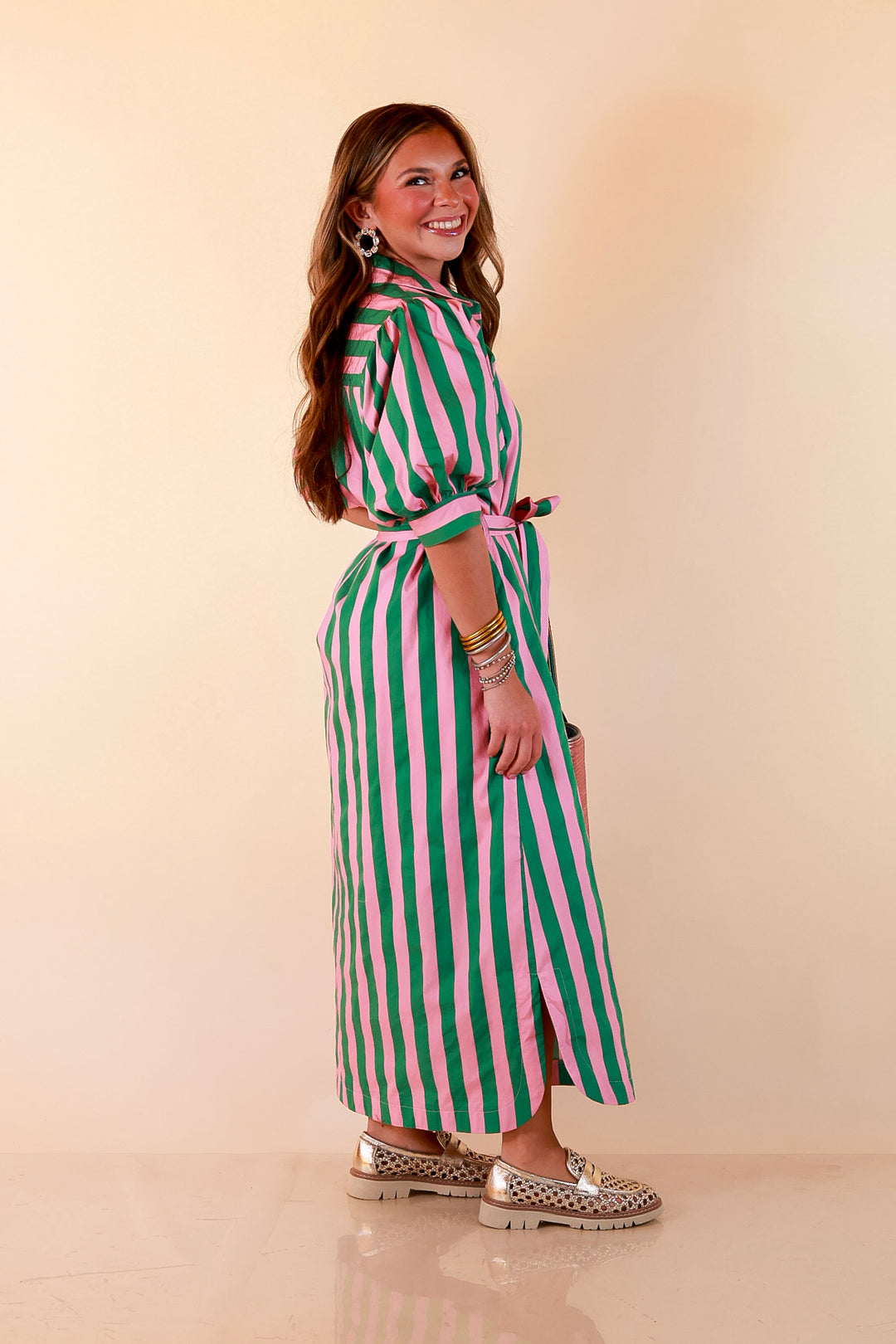 Palm Springs Pretty Puff Sleeve Button Front Belted Midi Dress with Stripe Print in Pink and Kelly Green
