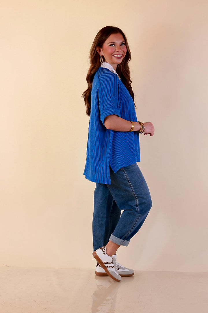 Daily Perfection Scoop Neck Short Sleeve Ribbed Top in Ocean Blue