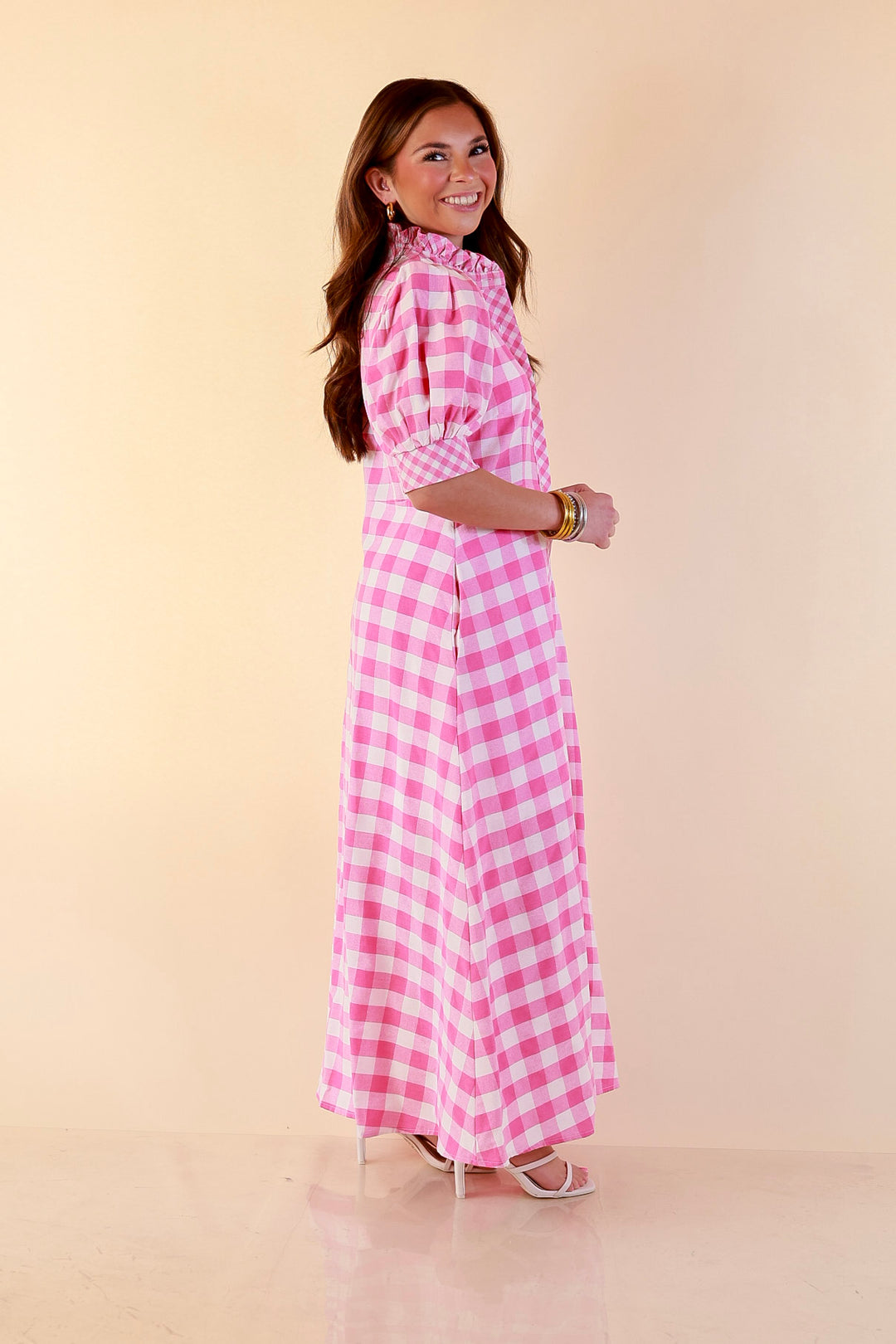 Last Chance Size Medium | Spring Awakening Gingham Print Midi Dress with Puff Sleeves and Checkered Trim in Pink