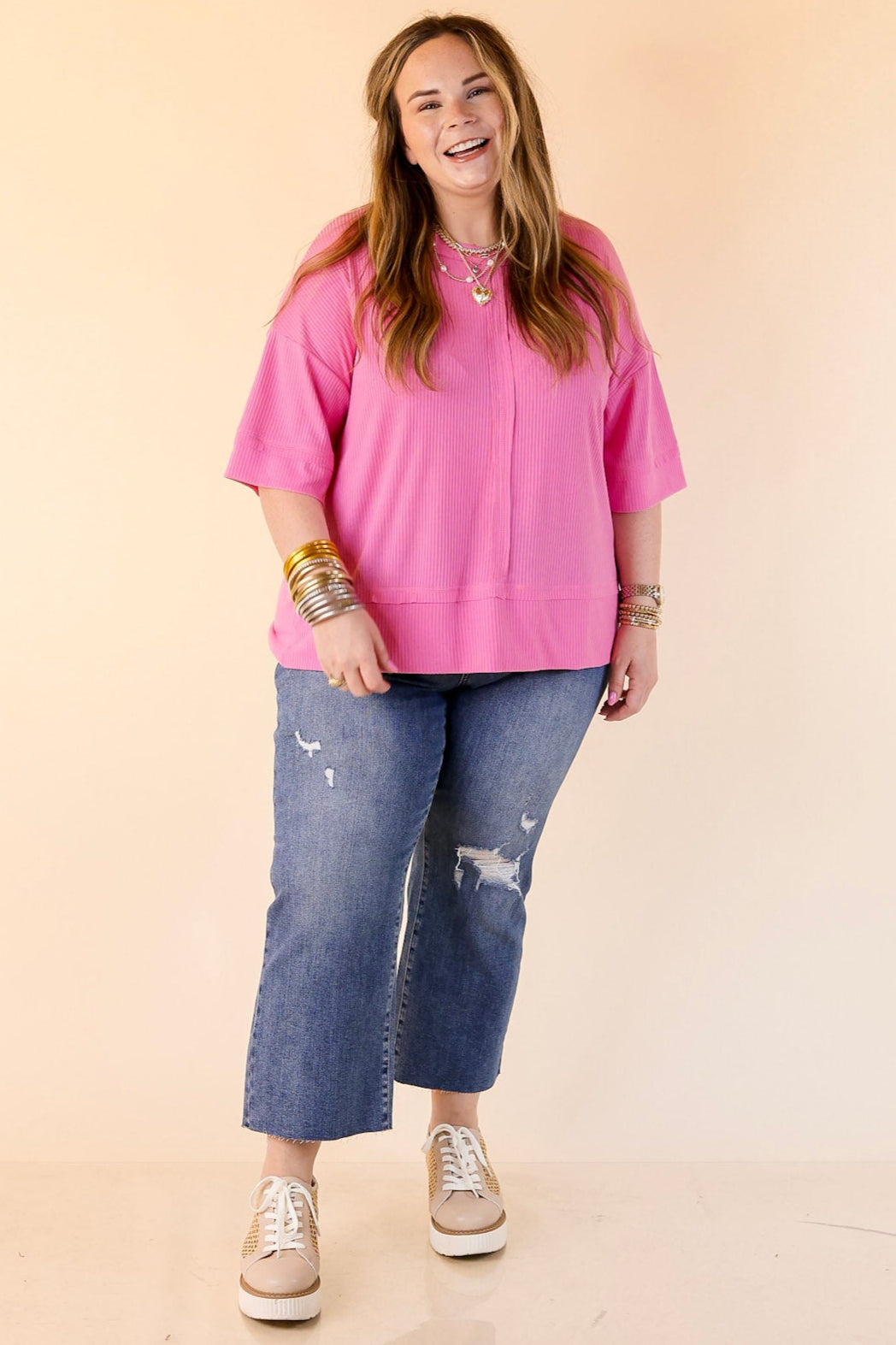 Subtle Spark Crew Neck Short Sleeve Shirt with Seam Detailing in Pink