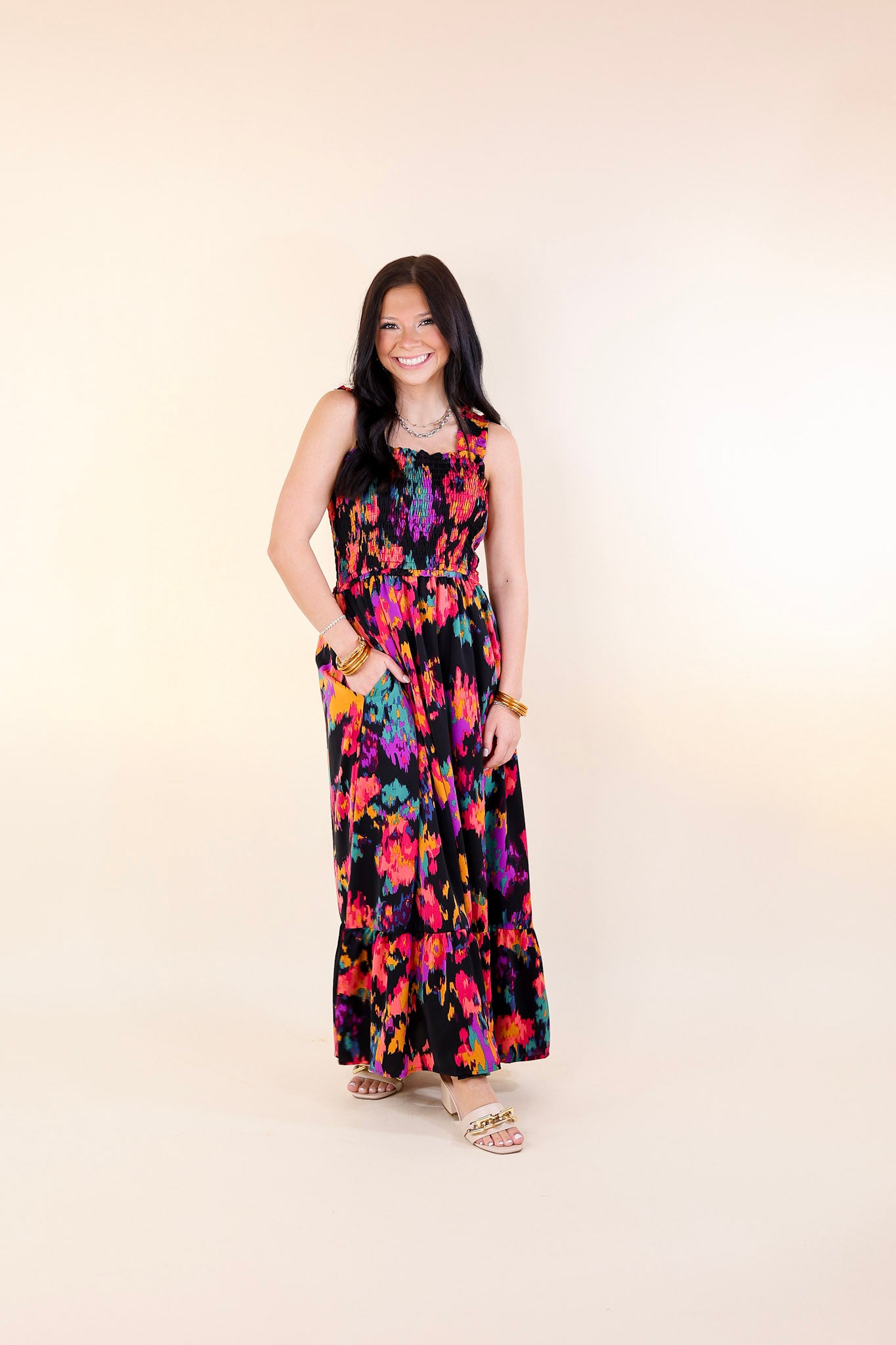 My Night Out Smocked Bodice Dress with Multicolor Abstract Print in Black