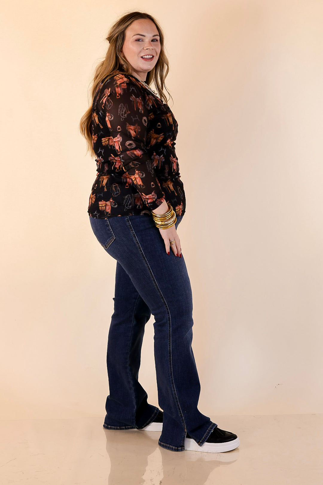 Sheer Confidence Western Saddle and Bits Icons Mesh Long Sleeve Top in Black