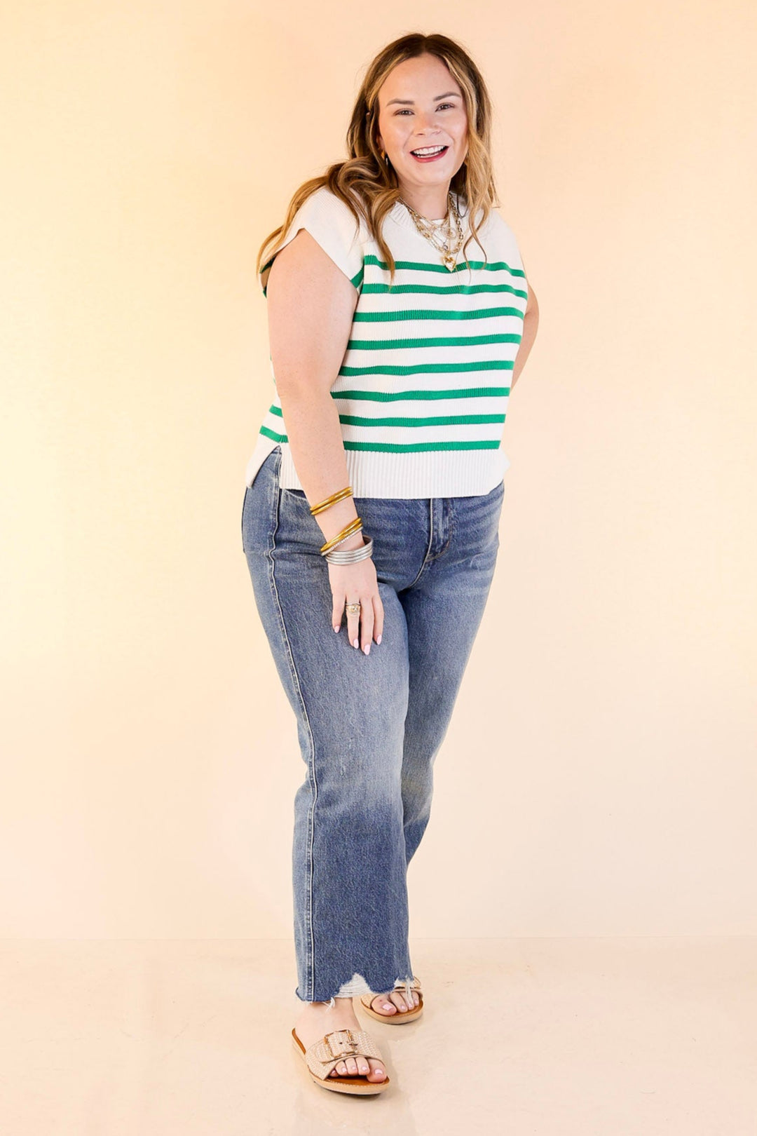 Stripe Things Up Drop Shoulder Knit Sweater in White with Kelly Green Stripes