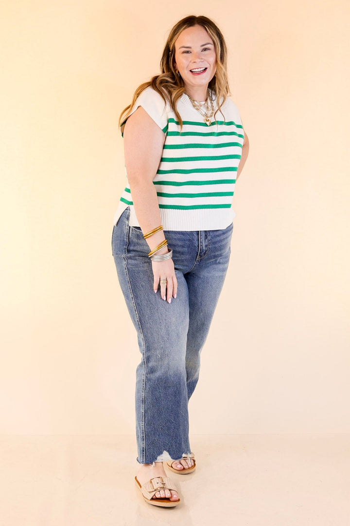 Stripe Things Up Drop Shoulder Knit Sweater in White with Kelly Green Stripes