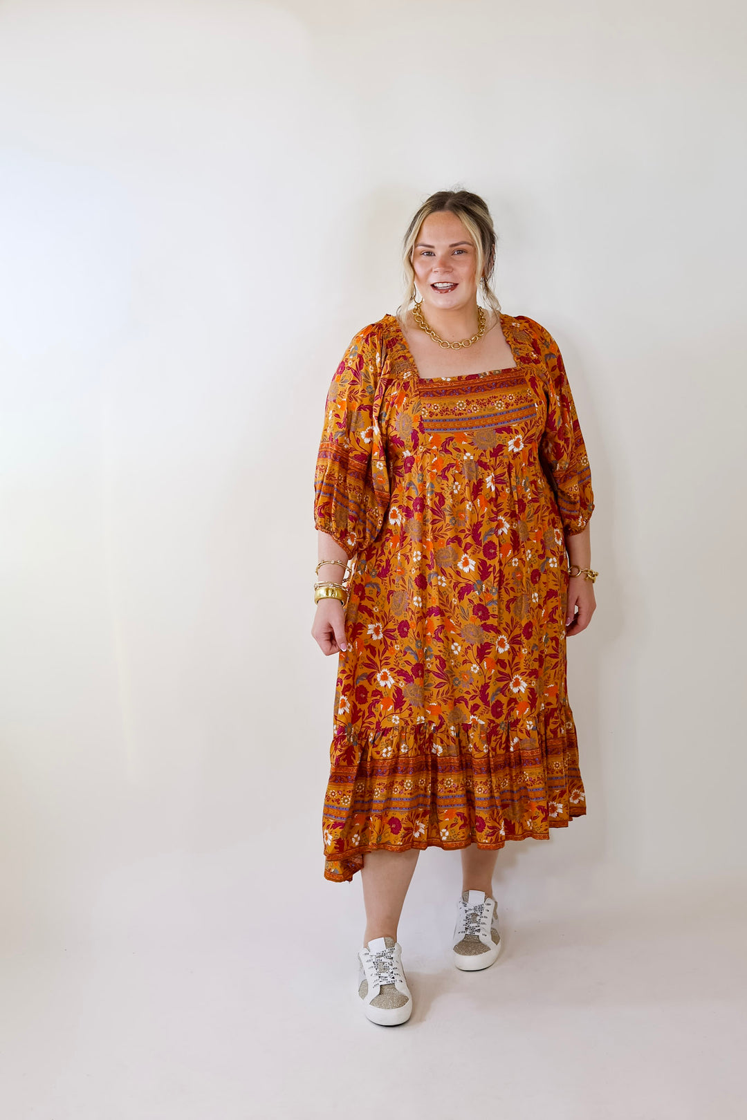 Autumn Daze Floral Print Square Neck Midi Dress in Mustard Yellow - Giddy Up Glamour Boutique