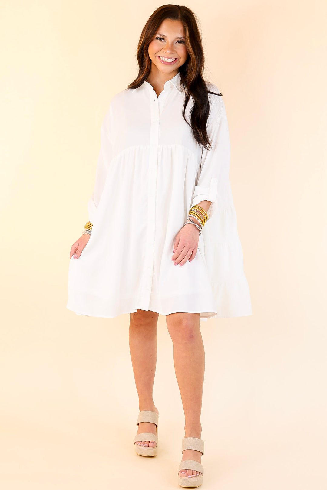 Risky Business Button Up Babydoll Dress in White