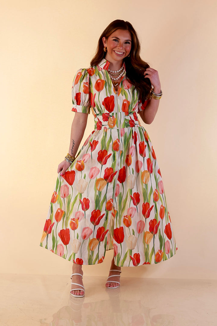 Modern Charm Zip Front Midi Tulip Print Dress with Smocked Waist and Short Sleeves in Cream